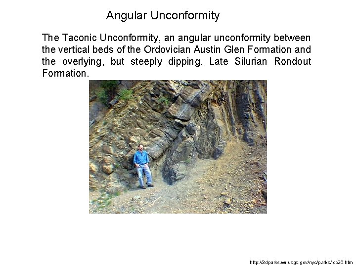 Angular Unconformity The Taconic Unconformity, an angular unconformity between the vertical beds of the