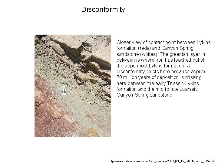 Disconformity Closer view of contact point between Lykins formation (reds) and Canyon Spring sandstone