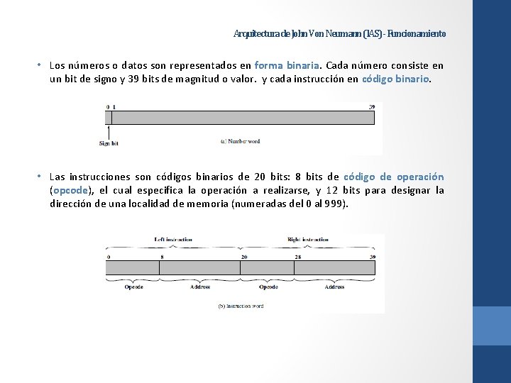 Arquitectura de John Von Neumann (IAS) - Funcionamiento • Los números o datos son