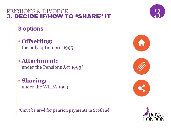 PENSIONS & DIVORCE 3. DECIDE IF/HOW TO “SHARE” IT 3 options • Offsetting: the