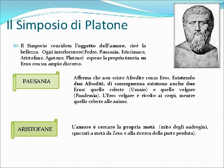 Il Simposio di Platone Il Simposio considera l’oggetto dell’amore, cioè la bellezza. Ogni interlocutore(Fedro,