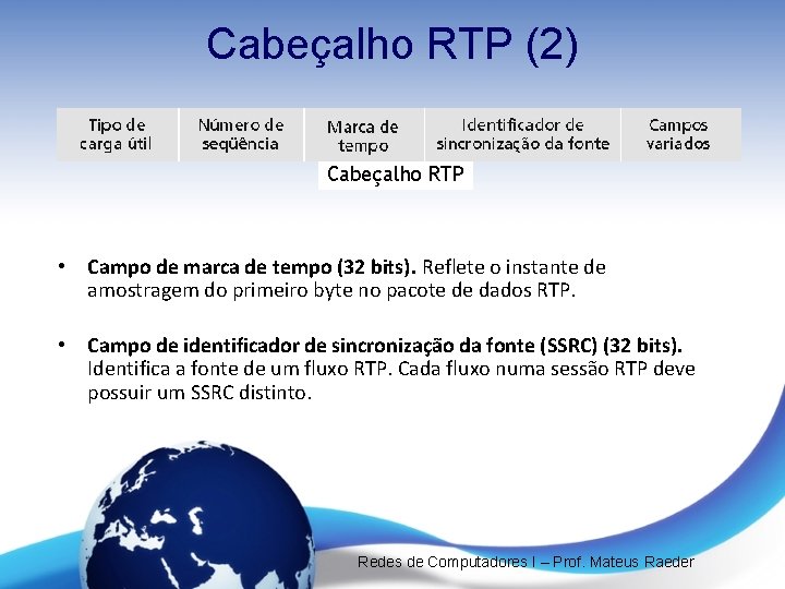 Cabeçalho RTP (2) Cabeçalho RTP • Campo de marca de tempo (32 bits). Reflete