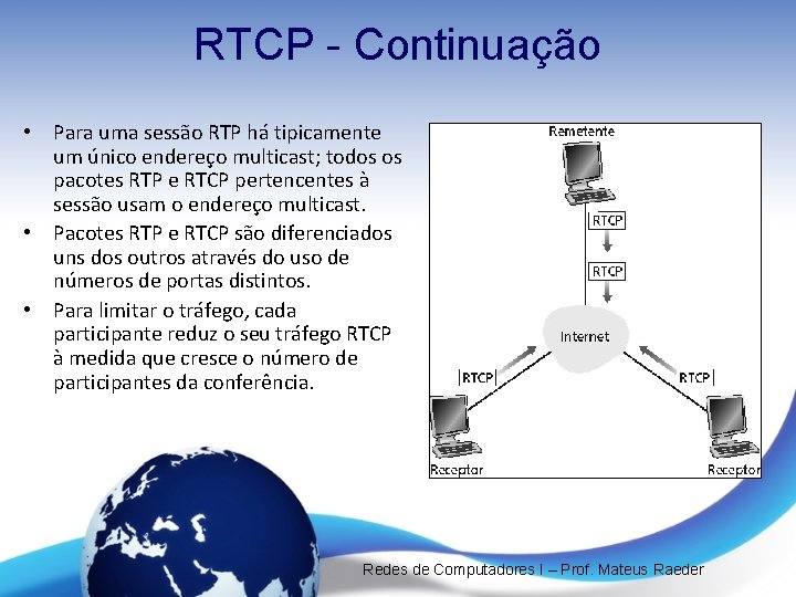 RTCP - Continuação • Para uma sessão RTP há tipicamente um único endereço multicast;
