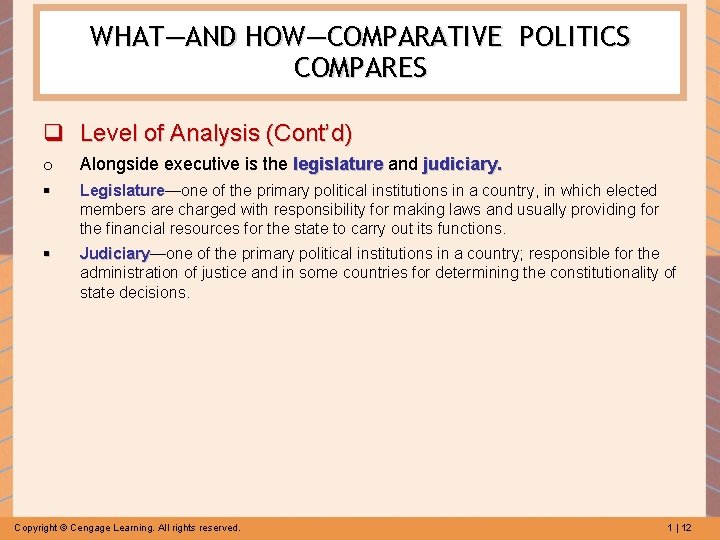 WHAT—AND HOW—COMPARATIVE POLITICS COMPARES q Level of Analysis (Cont’d) o Alongside executive is the