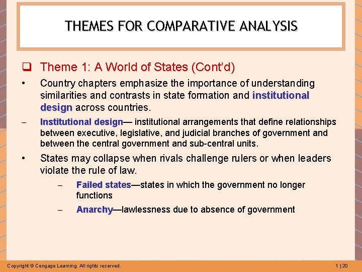 THEMES FOR COMPARATIVE ANALYSIS q Theme 1: A World of States (Cont’d) • Country