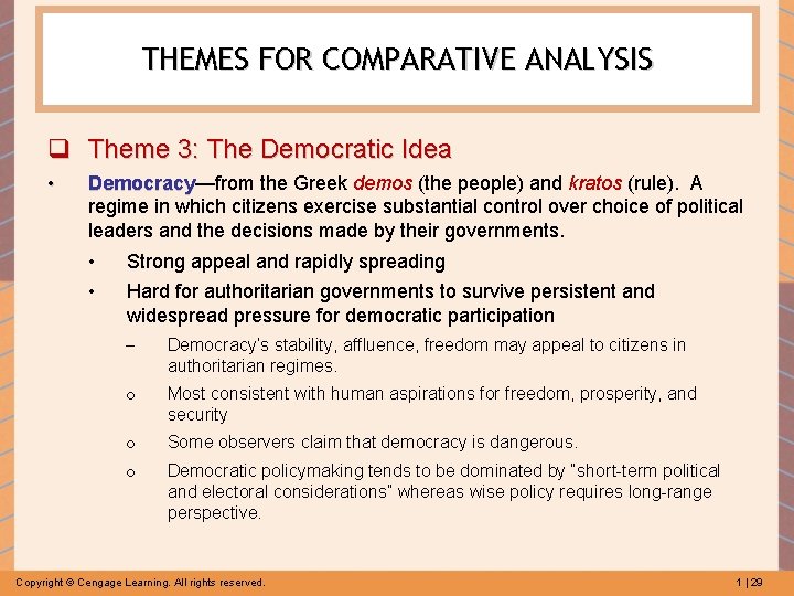 THEMES FOR COMPARATIVE ANALYSIS q Theme 3: The Democratic Idea • Democracy—from the Greek