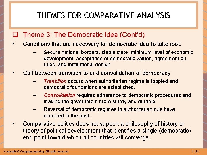 THEMES FOR COMPARATIVE ANALYSIS q Theme 3: The Democratic Idea (Cont’d) • Conditions that