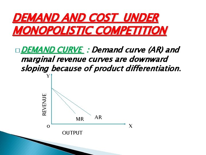 DEMAND COST UNDER MONOPOLISTIC COMPETITION � DEMAND CURVE : Demand curve (AR) and marginal