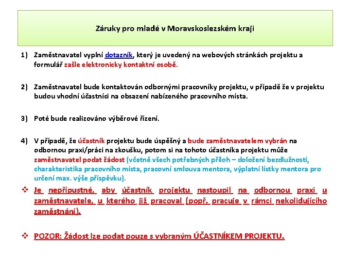 Záruky pro mladé v Moravskoslezském kraji 1) Zaměstnavatel vyplní dotazník, který je uvedený na