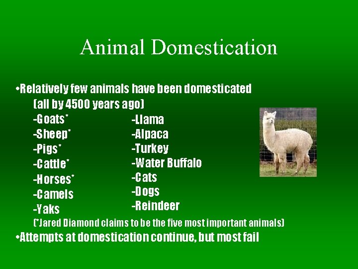 Animal Domestication • Relatively few animals have been domesticated (all by 4500 years ago)