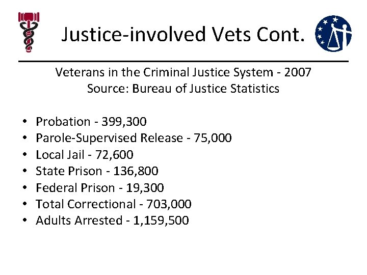 Justice-involved Vets Cont. Veterans in the Criminal Justice System - 2007 Source: Bureau of Justice-involved Vets Cont. Veterans in the Criminal Justice System - 2007 Source: Bureau of