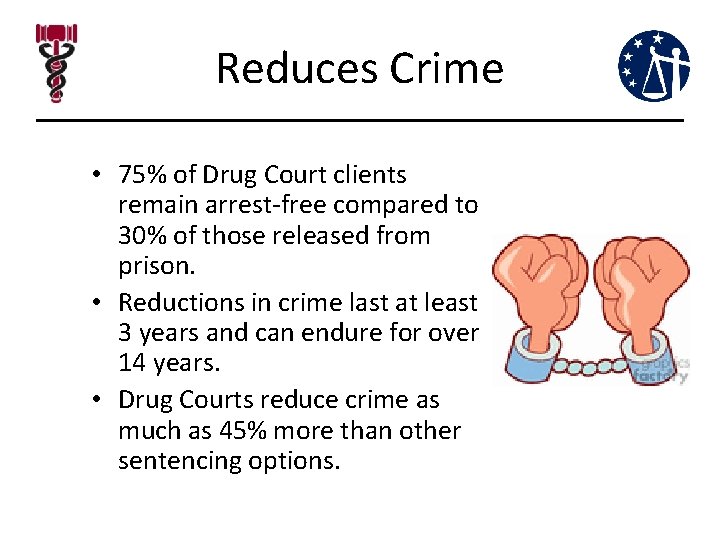 Reduces Crime • 75% of Drug Court clients remain arrest-free compared to 30% of Reduces Crime • 75% of Drug Court clients remain arrest-free compared to 30% of