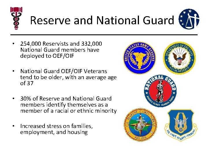 Reserve and National Guard • 254, 000 Reservists and 332, 000 National Guard members Reserve and National Guard • 254, 000 Reservists and 332, 000 National Guard members