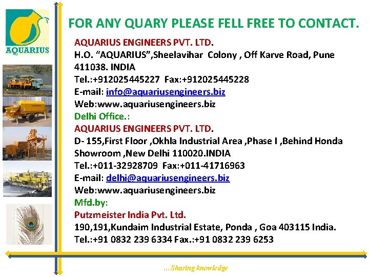FOR ANY QUARY PLEASE FELL FREE TO CONTACT. AQUARIUS ENGINEERS PVT. LTD. H. O.