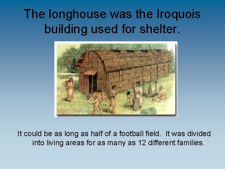 The longhouse was the Iroquois building used for shelter. It could be as long