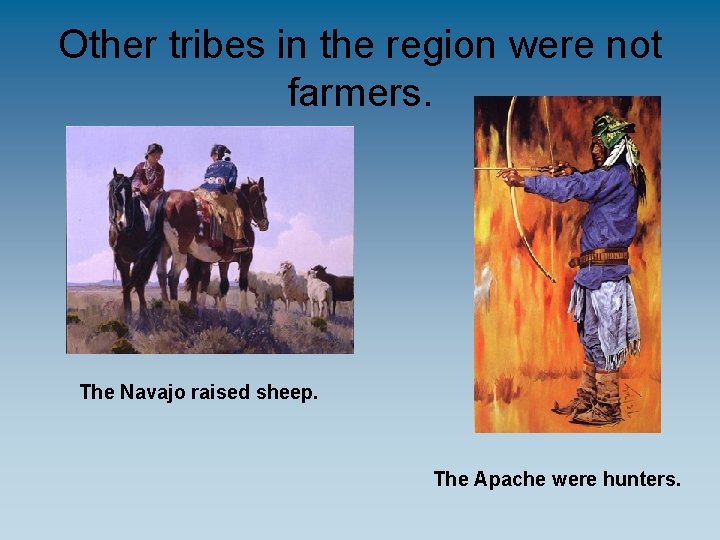 Other tribes in the region were not farmers. The Navajo raised sheep. The Apache