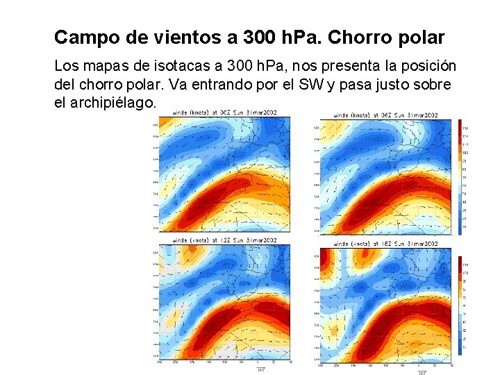 Campo de vientos a 300 h. Pa. Chorro polar Los mapas de isotacas a