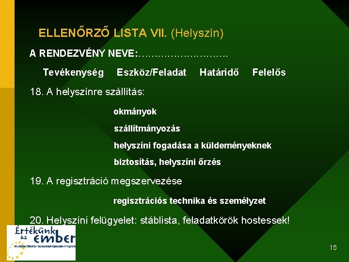 ELLENŐRZŐ LISTA VII. (Helyszín) A RENDEZVÉNY NEVE: ……………. Tevékenység Eszköz/Feladat Határidő Felelős 18. A