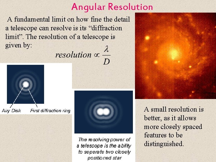Angular Resolution A fundamental limit on how fine the detail a telescope can resolve