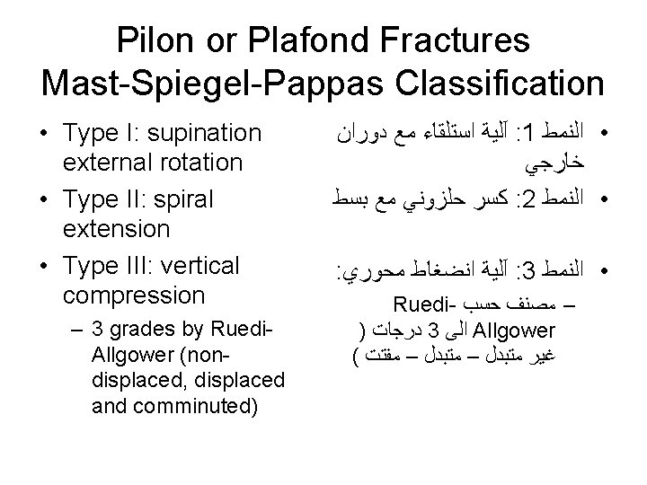 Pilon or Plafond Fractures Mast-Spiegel-Pappas Classification • Type I: supination external rotation • Type
