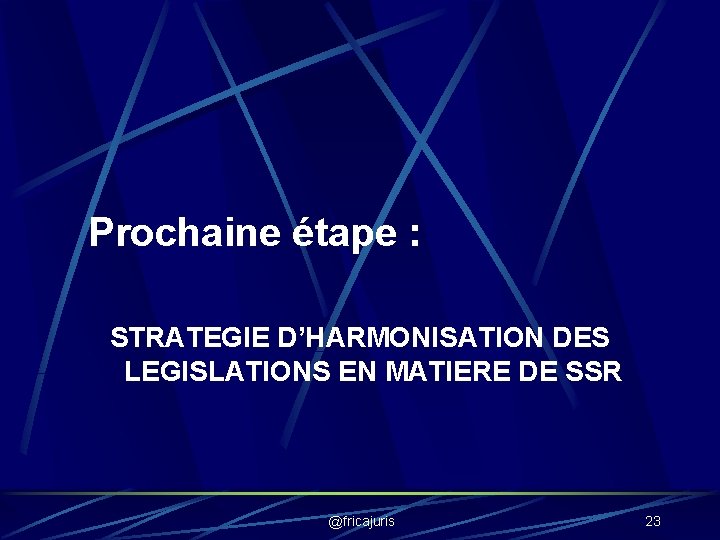 Prochaine étape : STRATEGIE D’HARMONISATION DES LEGISLATIONS EN MATIERE DE SSR @fricajuris 23 