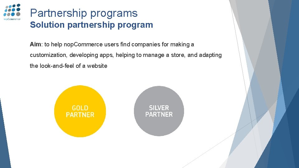 Partnership programs Solution partnership program Aim: to help nop. Commerce users find companies for