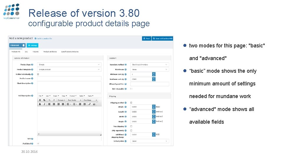 Release of version 3. 80 configurable product details page ● two modes for this
