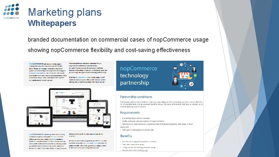 Marketing plans Whitepapers branded documentation on commercial cases of nop. Commerce usage showing nop.