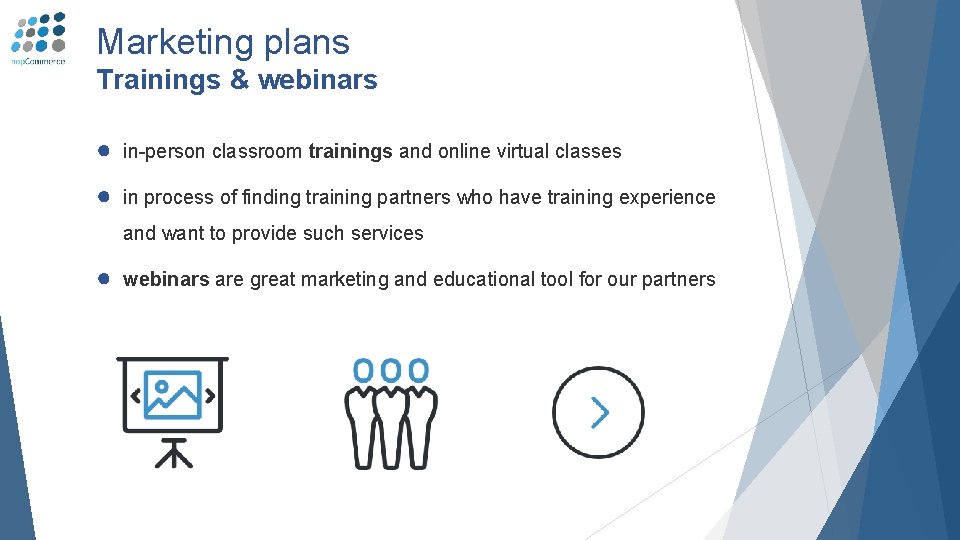 Marketing plans Trainings & webinars ● in-person classroom trainings and online virtual classes ●