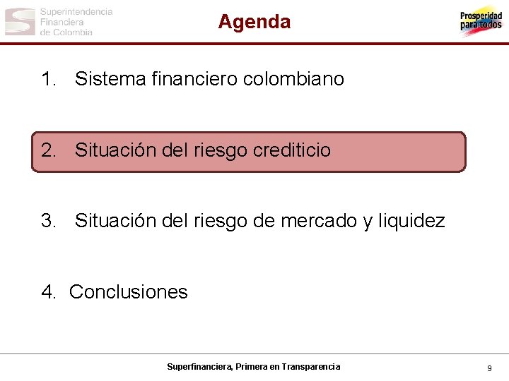 Agenda 1. Sistema financiero colombiano 2. Situación del riesgo crediticio 3. Situación del riesgo