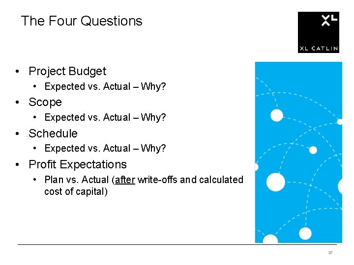 The Four Questions • Project Budget • Expected vs. Actual – Why? • Scope