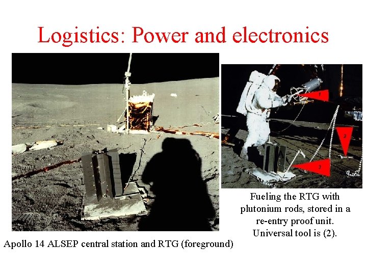 Logistics: Power and electronics Apollo 14 ALSEP central station and RTG (foreground) Fueling the Logistics: Power and electronics Apollo 14 ALSEP central station and RTG (foreground) Fueling the
