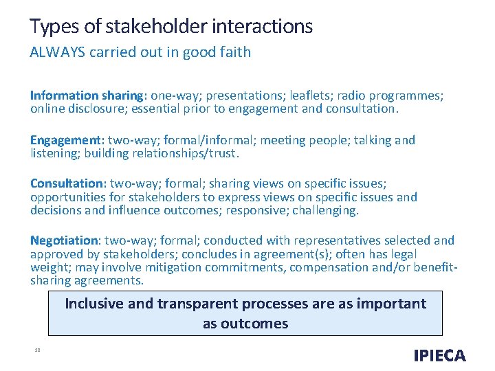 Types of stakeholder interactions ALWAYS carried out in good faith Information sharing: one-way; presentations;