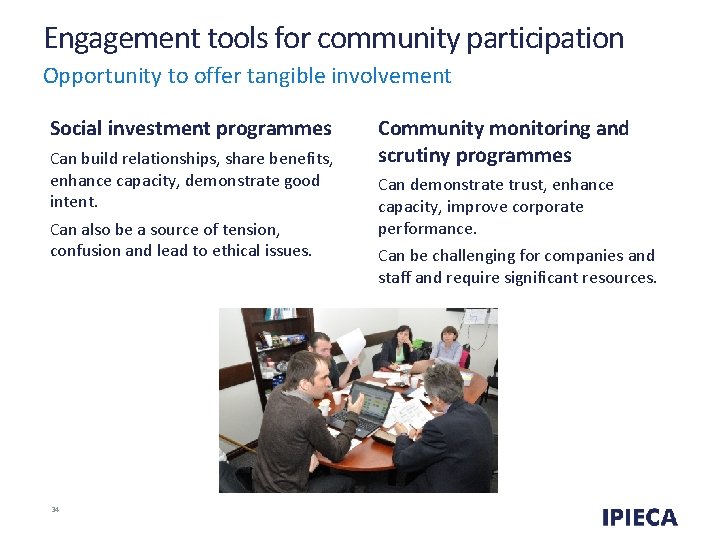 Engagement tools for community participation Opportunity to offer tangible involvement Social investment programmes Can