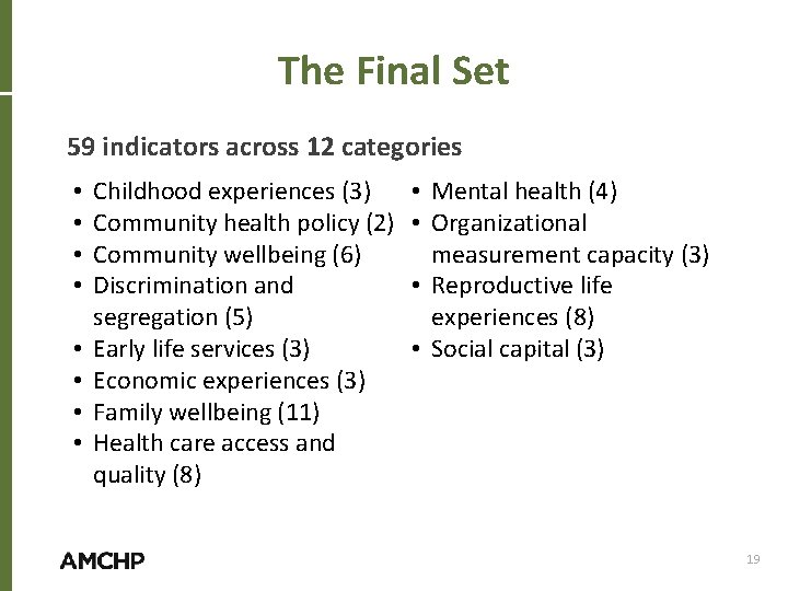 The Final Set 59 indicators across 12 categories • • Childhood experiences (3) Community