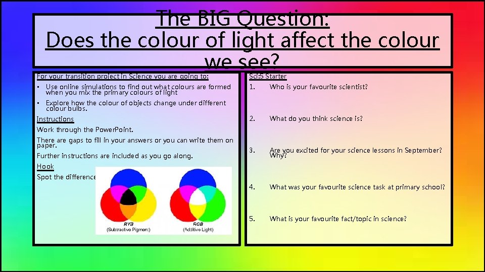 The BIG Question: Does the colour of light affect the colour we see? For