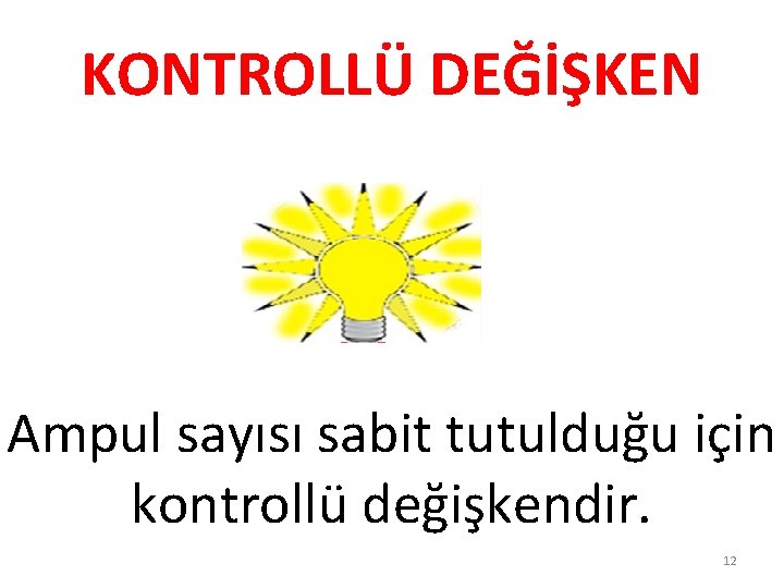 KONTROLLÜ DEĞİŞKEN Ampul sayısı sabit tutulduğu için kontrollü değişkendir. 12 