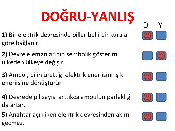 DOĞRU-YANLIŞ D Y 1) Bir elektrik devresinde piller belli bir kurala göre bağlanır. 2)