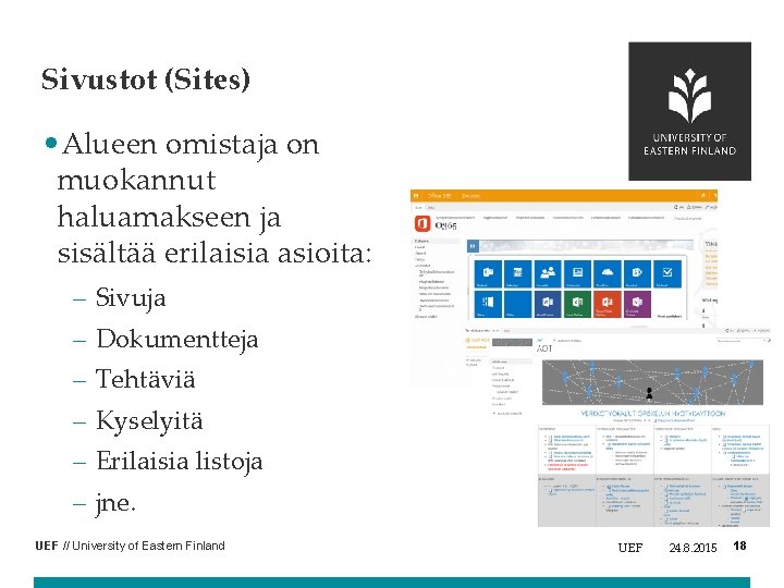 Sivustot (Sites) • Alueen omistaja on muokannut haluamakseen ja sisältää erilaisia asioita: – Sivuja