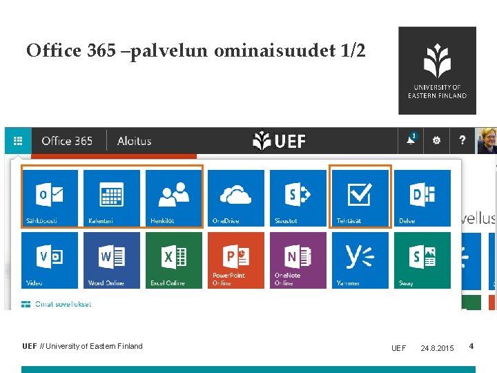 Office 365 –palvelun ominaisuudet 1/2 UEF // University of Eastern Finland UEF 24. 8.