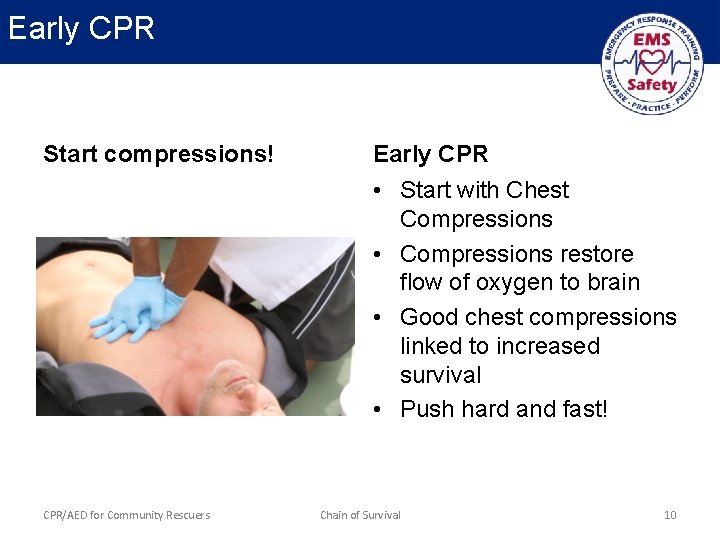 Early CPR Start compressions! Early CPR • Start with Chest Compressions • Compressions restore