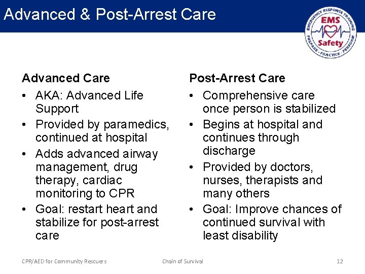 Advanced & Post-Arrest Care Advanced Care • AKA: Advanced Life Support • Provided by