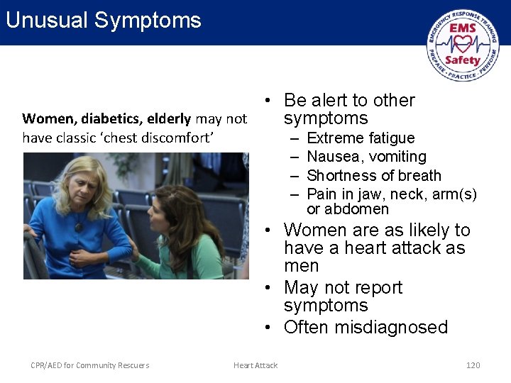 Unusual Symptoms • Be alert to other Women, diabetics, elderly may not symptoms have