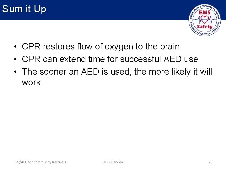 Sum it Up • CPR restores flow of oxygen to the brain • CPR