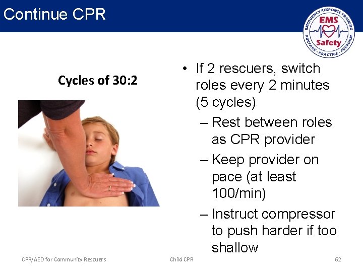 Continue CPR Cycles of 30: 2 CPR/AED for Community Rescuers • If 2 rescuers,