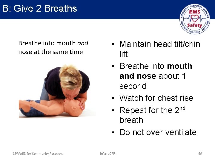 B: Give 2 Breaths Breathe into mouth and nose at the same time CPR/AED