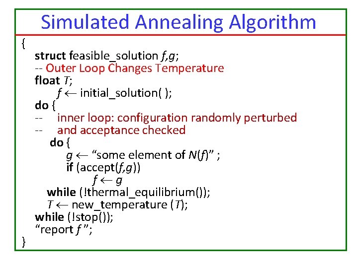 Simulated Annealing Algorithm { } struct feasible_solution f, g; -- Outer Loop Changes Temperature