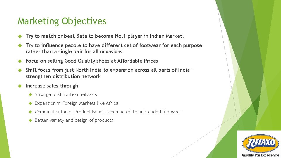 Marketing Objectives Try to match or beat Bata to become No. 1 player in