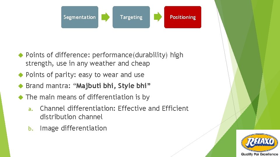 Segmentation Targeting Positioning Points of difference: performance(durability) high strength, use in any weather and