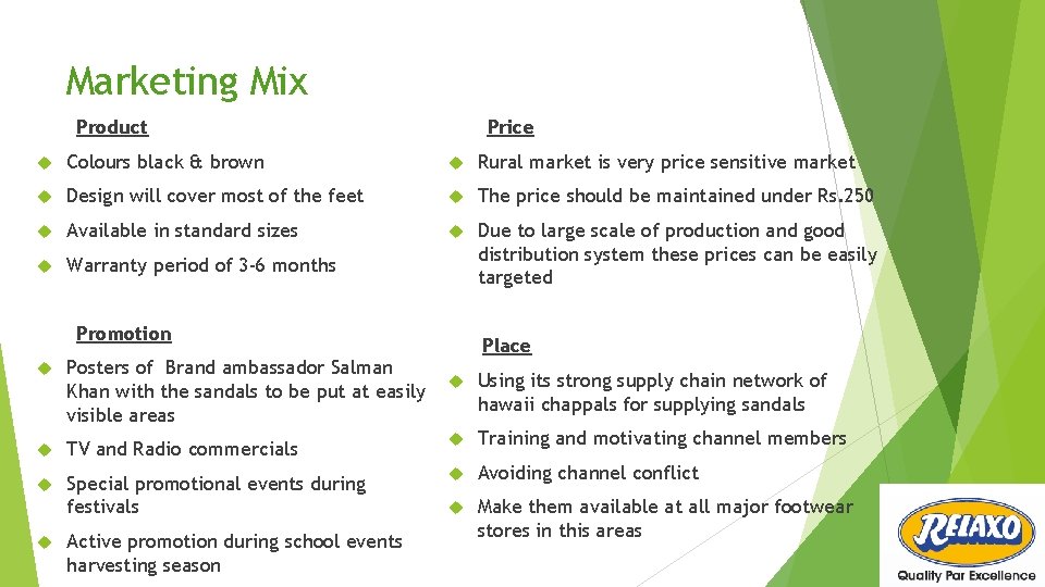 Marketing Mix Price Product Colours black & brown Rural market is very price sensitive